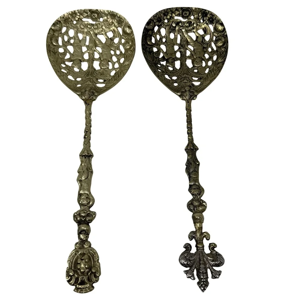 Vintage Pair Italian Brass Pierced Serving‎ Spoons 10in Ornate Baroque